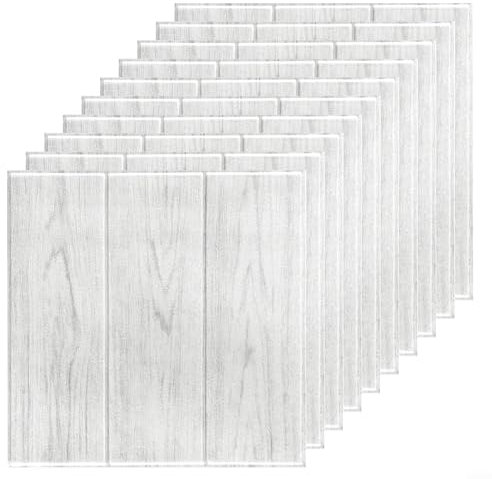 Hasaller 3-D Wandpaneele W-hite Eiche Wasserdicht 30 Stück Weichschaum Wandaufkleber Paneele Selbstklebende Holzpaneele für Wandaufkleber Weichschaumplatte 35 × 35 cm Original Holzmaserung Verkleidung