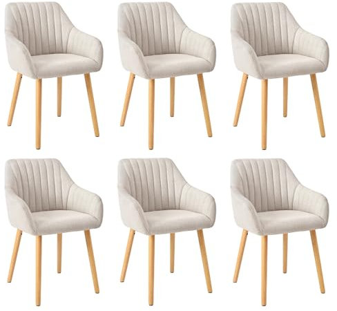 Goeurvant Esszimmerstuhl Beige mit Armlehne 6er Set Polsterstuhl Stühle Esszimmer Küchenstuhl Wohnzimmerstuhl aus Polyester mit Holzbeine und Rückenlehne