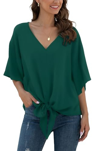 Anelune Ladies'Chiffon Blouses with V-Neck and Front tie Batwing Sleeves Short Sleeves Summer Tops and Shirts Dark Green