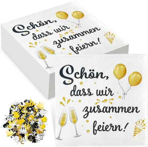 40 Stück Servietten Geburtstag,300 Stück Konfetti Geburtstag Deko,Servietten Schön dass wir zusammen feiern,33 x 33 cm Weiß Partyservietten für Geburtstag Babyparty Hochzeit Taufe Tischdeko