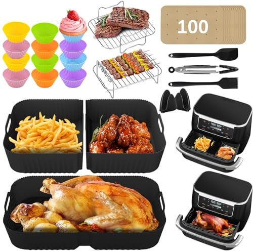 Silicone Moule Air Fryer pour Ninja Foodi FlexDrawer Dual Air Fryer 10,4 L AF500EU, 1×10.4L+2×5.2L doublures réutilisables en silicone Accessoires, pince, paniers de friteuse, grille à griller