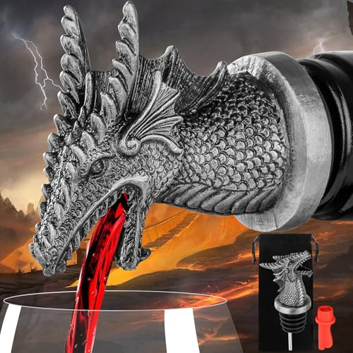 LKKCHER Dragon Head Liquor Pourers Spout for Alcohol Spirits, Dragon 2-in-1 Wine Bottle Pourer and Stopper, Dragon Gifts for Men Women Dragon Fans, Wine Accessories Gifts, Silver with Bag