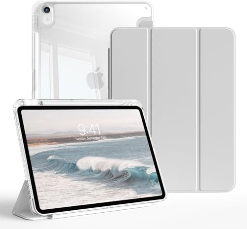 ZKTUYU Hülle für iPad Air 11 Zoll 7/6 (2025 M3/2024 M2)/10,9 Zoll 5/4 (2022/2020) mit Stifthalter, Trifold Ständerhülle Transparente Rückseitenschale Dünner Ständer Tablet Schutzhülle (Hellgrau)