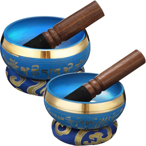 Lukmaa 2 cuencos tibetanos con 2 bolsas con cordón, kit completo de cuenco de meditación con cojín y mazo de latón afinado, campana tibetana para yoga, relajación, curación de sonido (3.5 pulgadas, 4