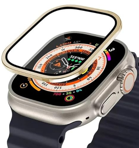 SOMKB Funda de aleación de aluminio de vidrio templado para Apple Watch Ultra 2, Protector de pantalla antiarañazos de 49mm para iWatch Ultra, película protectora de 49mm(Gold)