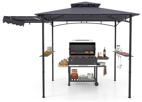 COSTWAY Grillpavillon mit Seitenmarkise, Doppeldach, 2 Seitenregalen & Haken, Gartenpavillon BBQ Pavillon, Grillüberdachungen wetterfest, Grillunterstand Garten Partys, 318x153x250 cm (Dunkelgrau)