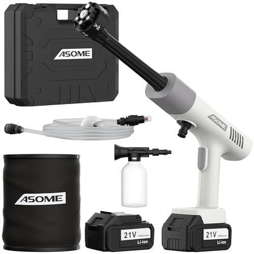 ASOME Nettoyeur Haute Pression sans Fil X021 – Nettoyeur Portable avec 2 Batteries 15000 mAh, 80 Min d’Autonomie, 30 Bars – Buse 6-en-1 & Pulvérisateur de Mousse pour Voiture, Jardin & Terrasse
