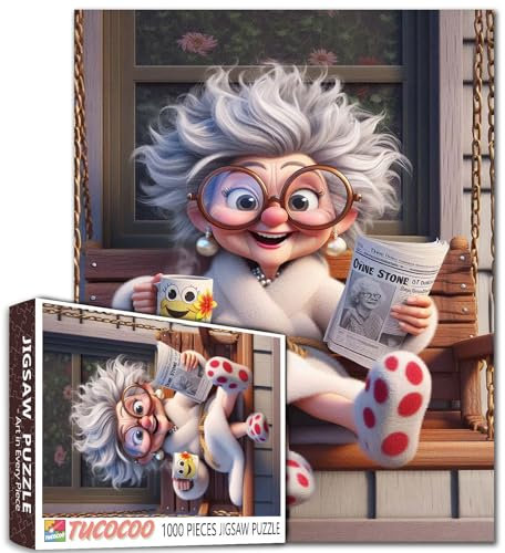 Lustiges Oma 1000 Teile Puzzle für Erwachsene, niedliche alte Frau, Zeitung, entspannende Rätsel, gemütlicher Morgen auf der Veranda, mit Kaffee, Cartoon-Kunst-Puzzle, Geschenk für Frauen, Senioren