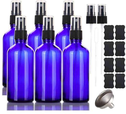 ALIFEIA 100ml Glass Blue Spray Bottles,Small Empty Fine Mist Refillable Travel Spray Bottle for Cleaning,Perfume,Aromatherapy,Cosmetic Sprays,Hair,Essential Oils with Fine Mist Dispenser（6 Pack）