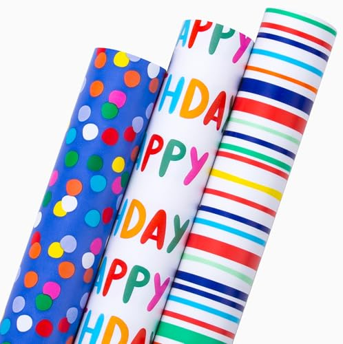 Wikadlik Buntes Geburtstags-Geschenkpapier, 3 Mini-Rollen Geschenkpapier, Happy Birthday Schriftzüge/Polka Dots/Streifen Design – 43,5 cm x 3 m pro Rolle