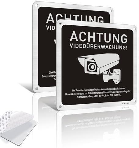 2 Stück Schild Videoüberwachung Privatgrundstück Selbstklebend,Achtung Videoüberwachung Schild mit DSGVO Hinweis,15×15cm Aluminium Alu Schilder Kameraüberwachung und 4 Bohrlöcher