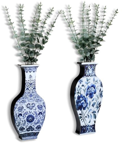 Blulu 2 Pack Wooden Chinoiserie Wall Vase Blue and White Wall Planter with Faux Eucalyptus Plants Modern Farmhouse Art Decor Hanging Planters for Home Office Tabletop