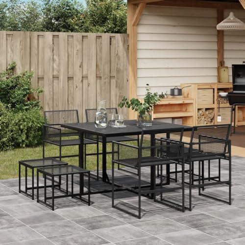 QJBSAVVA Poly-Rattan Garten-Essgruppe Schwarz 110 x 107 x 72 cm klappbare Stühle mit Glas-Tisch modernes Outdoor Möbelset für kleinen Balkon Terrasse Garten