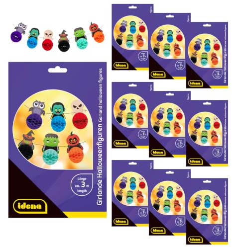 Idena 90466 - Girlanden Halloweenfiguren, 10 Stück, ca. 3 m lang, Bunte Papiergirlanden mit gruseligen Figuren, Halloween Deko