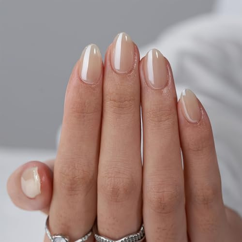 Press On Nails Lot de 30 faux ongles courts en forme d'amande, nude, à coller, pour mariage, anniversaire, quotidien, 15 tailles, pour femmes et filles