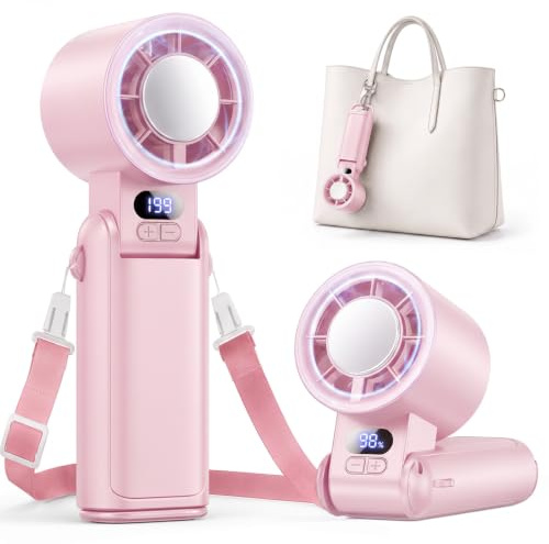 Deyhoc Handheld Fan Rechargeable with LED Display & Clip, 1-199 Speed | 3-in-1 Hand/Neck/Desk Fan, 24ft/s Powerful Airflow, 3600mAh Battery Up to 12H, Portable for Travel/Camping/Office/Home, Pink