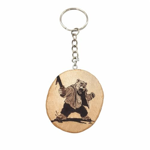 Promotech Crazy Bear - Llavero de madera con motosierra – Diseño de dibujos animados locos grabado con láser – Diseño de animales de madera – Hecho a mano