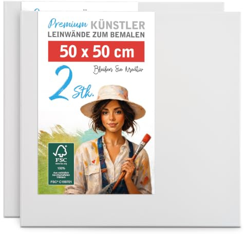 2er-Set Leinwand zum Bemalen 50x50cm groß - 100% Baumwolle 280g/m², 2-fach grundiert, FSC® Holz-Keilrahmen 17mm, für Acrylfarbe, Aquarell, Öl & Gouache