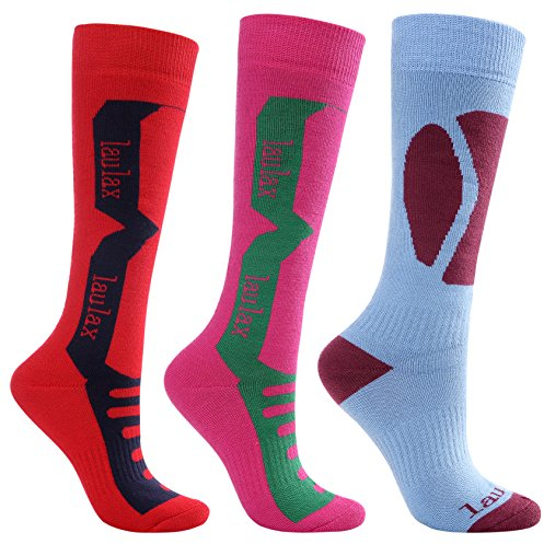 Laulax 3 Pairs Ladies Winter Thermal Long Hose Smooth Seamless Toe Cashmere-Like Ski Socks, Size UK 3-7 / Europe 36-40, Gift Set, Red, Pink, Blue, gift set