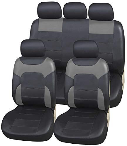 Upgrade4cars Auto-Sitzbezüge Set Leder-Optik Universal Grau | Auto-Schonbezüge Set für Sommer & Winter | Kunstleder Pkw Sitzbezug Komplettset für die Vordersitze & Rückbank