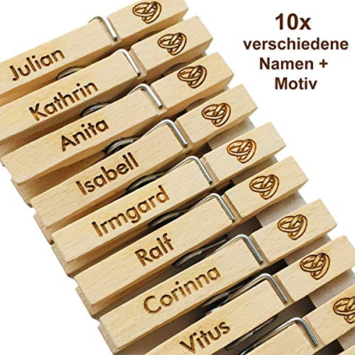 SNEG 10er Set Wäscheklammern mit Gravur | Text & Motiv frei wählbar | für Hochzeit oder Oktoberfest | Glubbal mit Gravur | Glupperl graviert (Hochzeit, 10er Set (Verschiedene Namen))