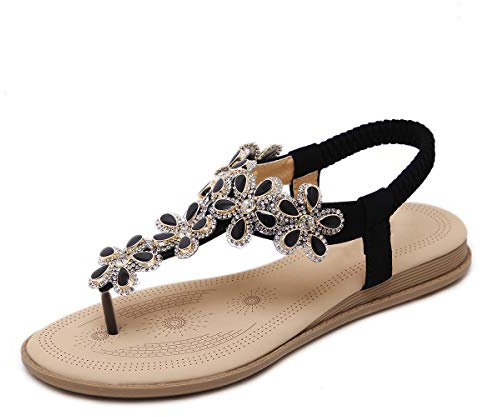 iCKER Women's Flat Sandals Ladies Thong Sandals Bohemian Beaded Strap | Summer Rhinestone Sandals, Elastic Ankle Strap,Non‑slip,Slip-on,Toe Post,Casual,for Vacation