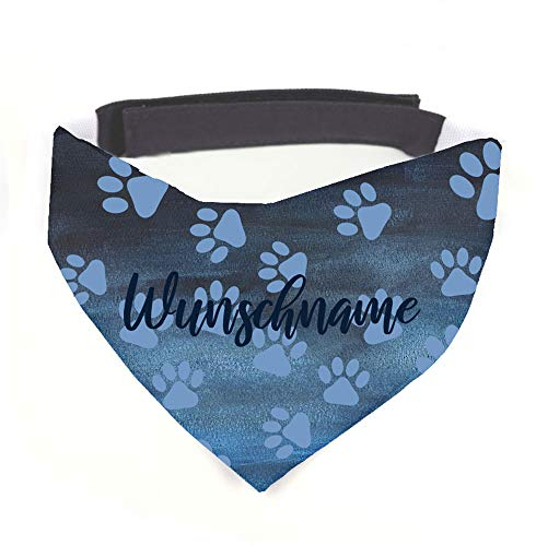 Tierisch-tolle Geschenke Hundehalstuch mit Namen Vintage Pfötchen blau personalisiert inklusive Wunschname mit 12 cm Klettverschluss für kleine, mittlere und große Hunde (L)