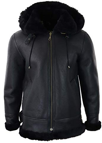 TruClothing.com Herren Lederjacke 100% Echtleder Schwarz Schaffell mit Kapuze Aviator Piloten Design Vintage Schafsleder Jacke