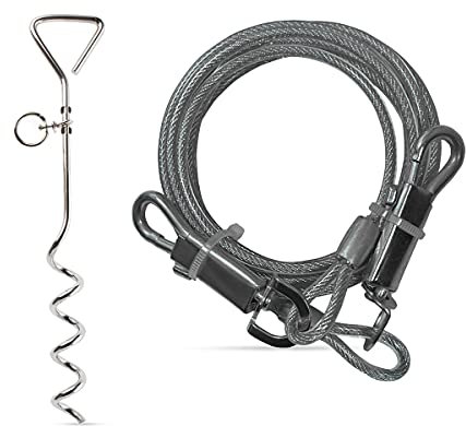 Dog Tie Out Cable and Stake - 6ft PVC Covered Metal Tie Out Cable for Dogs,16 Spiral Ground Spike Dog Stake for Camping - Suitable for All Breeds Puppy Pet Accessories - Silver
