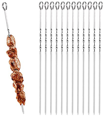 TSTAR Kebab Skewers Set of 12 BBQ Flat Metal Barbecue Grilling Skewer Sticks Reusable Extra Long Wide for Shish Kabob Meat Vegetables Twist Ring Tip Handle, 50cm, Silver (TS409/TS410)