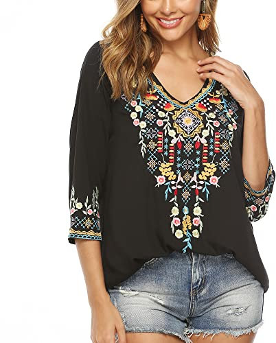 Seasonal Camiseta de Verano para Mujer, diseño de Bohemia, Bordado, Cuello en V, Cuello de Pico, 3/4 Brazo, Tops Sueltos, túnica para Mujer, Negro, S