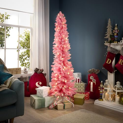 Celebright 6ft / 1.8m Artificial Pencil Slim Space Saving Christmas Tree, Pre-Lit With 110 Warm White LED Lights (Pink)