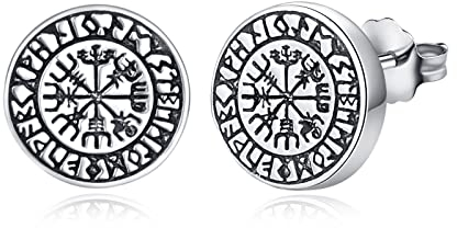 KINGWHYTE Wikinger Rune Ohrringe 925 Sterling Silber Norse Vegvisir Ohrstecker Hypoallergen Ohrschmuck für Männer Frauen(Silber)