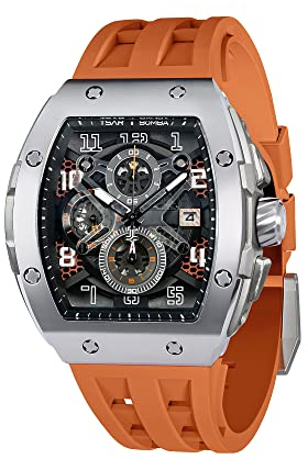 TSAR BOMBA Herren Uhr Tonneau Uhren Chronograph Tonneau Luxus Armbanduhr Cool Sport Männer Japanisches Quarzwerk 50m Wasserdichter Daydate Saphirglas Geschenk für Männer