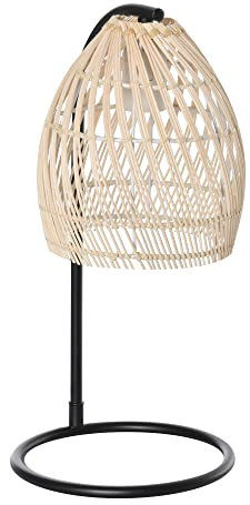HOMCOM Tischlampe, Tischleuchte mit Rattan-Lampenschirm, Nachttischlampe aus Metallrahmen im Boho-Stil, E27, max. 40 W, Schreibtischlampe für Schlafzimmer, Wohnzimmer, Natur+Schwarz