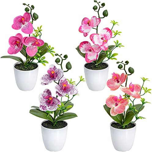 SIFOEL Lot de 4 mini orchidées artificielles en pot avec vase en plastique pour la maison, le bureau, la décoration de table de mariage (rouge, violet, rose, orange)