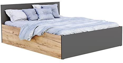 FurnitureByJDM Bett 140x200 mit Stauraum – Doppelbett mit Bettkasten | Aufklappbarem Lattenrost – Modernes Stauraumbett mit Liftfunktion (Eiche Craft / Grau)