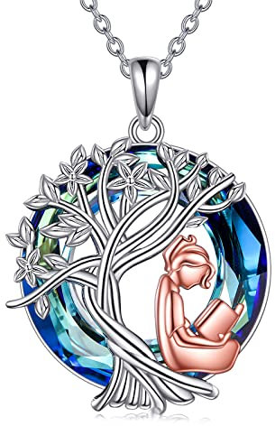 YFN Buch Halskette Sterling Silber Lesen Buch Anhänger Kette Kristall Baum des Lebens Bibliothekar Schmuck Geburtstag Graduierung Buch Club Geschenke für Damen Mädchen