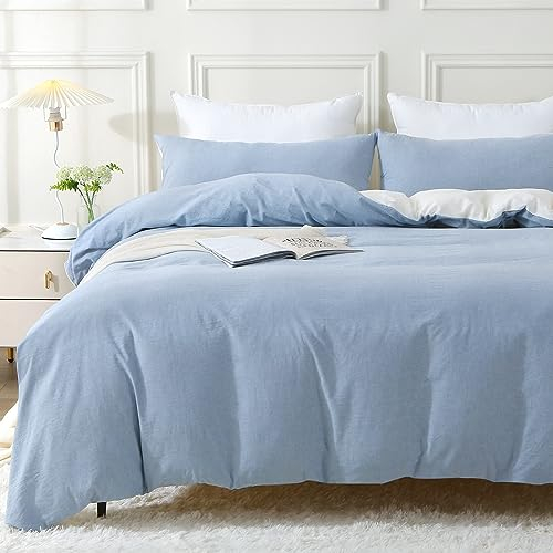 MILDLY Bettwäsche 200x200 Baumwolle 3 Teilig, Bettwäsche-Sets Haiya Blue mit Reißverschluss, Ähnliche Textur wie Stone Washed Leinen, Enthält 1 Bettbezug 200x200 und 2 Kissenbezug 80x80