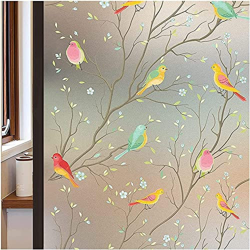 Lifetree Fensterfolie Blickdicht, Selbsthaftend Milchglasfolie, Sichtschutzfolie Fenster, Sonnenschutzfolie Statisch Haftend Anti UV Dekorfolie Vogel für Wohnzimmer und Büro 105 * 300cm