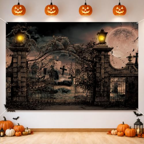 AIBIIN 7x5ft Halloween Photography Background Scary Graveyard Spooky Terror Desolate Cemetery Gate Grim Rusty Iron Door All Saints' Day Full Moon Family Holiday Party Photo Backdrop Props