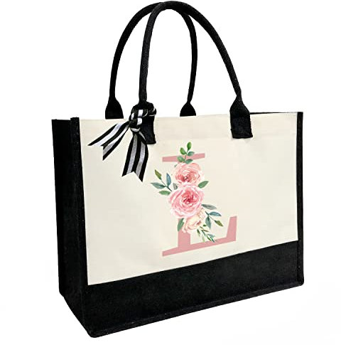 Personalisierte Strandtasche aus Segeltuch mit Innentasche mit Reißverschluss, doppelte Schultergurte, monogrammierte Jute-Tasche für die tägliche Arbeit und Reisen, Pinker Buchstabe L, Einheitsgröße