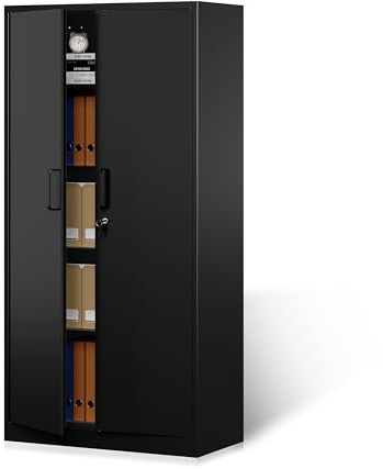 Aktenschrank Aufbewahrungsschrank mit Schloss Stahlschrank Stahlspind Mehrzweckschrank Metallschrank mit 2 Türen für Büro Haus Garage Fitnessstudio Schule 170X78X39cm Schwarz