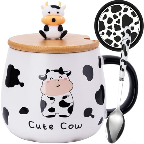 Disoza Taza Vaca Con Tapa Taza Vaca 420ml Taza Café Regalo Vaca Taza Cerámica Con Cuchara y Posavasos Taza Té Café Navidad Regalo De Cumpleaños Para Esposa Novia Niños