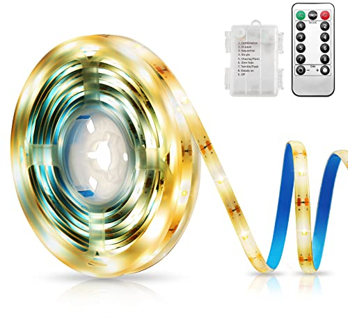 OQIMAX Tira de Luces LED, 3M 90 LED Tira de Luces LED a Pilas con Control Remoto, 8 Modos, Regulable, Temporizador, Autoadhesiva, Cortable, Impermeable para TV, Cocina, Dormitorio de Techo