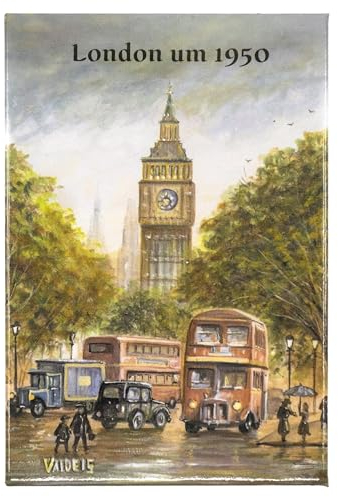 VALDEIG - London um 1950 - Kühlschrank Magnet Kühlschrankmagnet England Souvenir Big Ben, Bus Doppeldecker rot, Bild Magnete für Kinder, Kühlschrankmagnete für Magnetkühlschrank, Geschenk, M