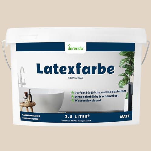 derendo Latexfarbe beige cookie matt abwaschbar 2.5 Liter für Innen Küche Badezimmer streichen beige Wandfarbe hohe Deckkraft 2,5l