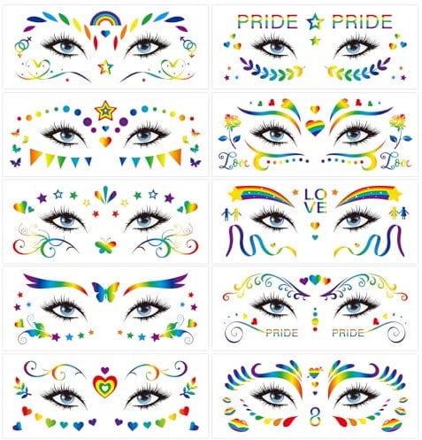 WEDNOK 10 Sheets Pride Face Temporary Tattoos for Women Girls LGBT Eye Tattoos Rainbow Temporary Face Tattoo Stickers for LGBTQ Gay Pride Month Party Supplies