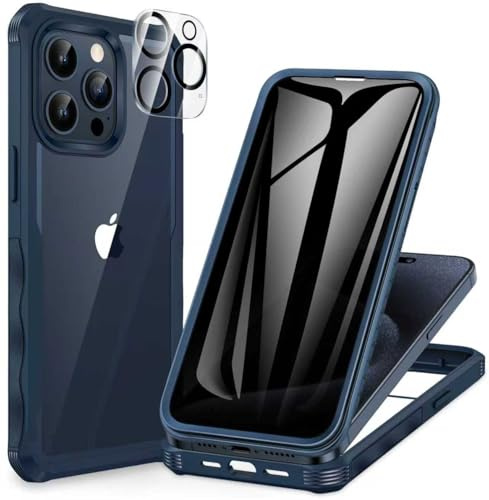 CENHUFO Compatible with iPhone 15 Pro Case Built-in Privacy Screen Protector with Camera Lens Protector, 360 Full Body Privacy Case for iPhone 15 Pro with Anti Spy Screen -Blue
