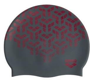 Arena Print 2 - Cuffia da nuoto unisex in silicone, per adulti, donne e uomini, per allenamento intensivo, confortevole, antiscivolo, per capelli lunghi, colore: Kikko/nero/rosso